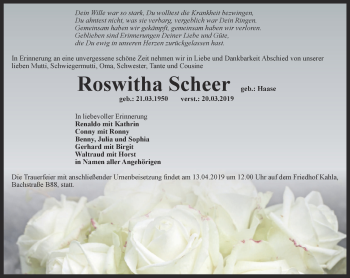 Traueranzeige von Roswitha Scheer von Ostthüringer Zeitung