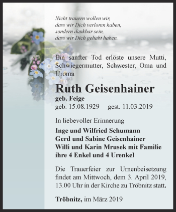 Traueranzeige von Ruth Geisenhainer von Ostthüringer Zeitung