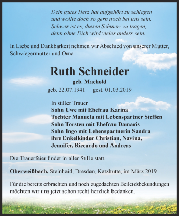 Traueranzeige von Ruth Schneider von Ostthüringer Zeitung