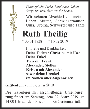 Traueranzeige von Ruth Theilig von Thüringer Allgemeine, Thüringische Landeszeitung