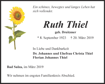 Traueranzeige von Ruth Thiel von Thüringer Allgemeine, Thüringische Landeszeitung