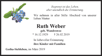 Traueranzeige von Ruth Weber von Ostthüringer Zeitung, Thüringische Landeszeitung