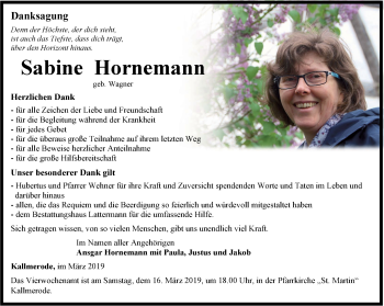 Traueranzeige von Sabine Hornemann von Thüringer Allgemeine, Thüringische Landeszeitung