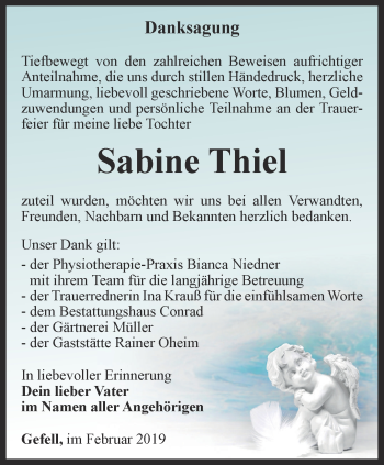 Traueranzeige von Sabine Thiel von Ostthüringer Zeitung