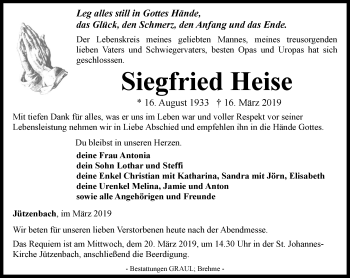 Traueranzeige von Siegfried Heise von Thüringer Allgemeine