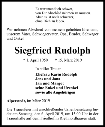 Traueranzeige von Siegfried Rudolph von Thüringer Allgemeine, Thüringische Landeszeitung