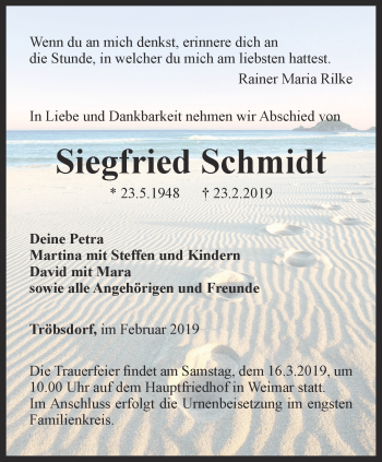 Traueranzeige von Siegfried Schmidt von Thüringer Allgemeine, Thüringische Landeszeitung