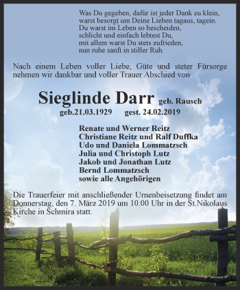 Traueranzeige von Sieglinde Darr von Thüringer Allgemeine, Thüringische Landeszeitung