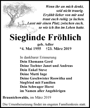 Traueranzeige von Sieglinde Fröhlich von Ostthüringer Zeitung