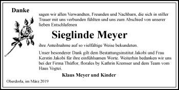 Traueranzeige von Sieglinde Meyer von Thüringer Allgemeine, Thüringische Landeszeitung