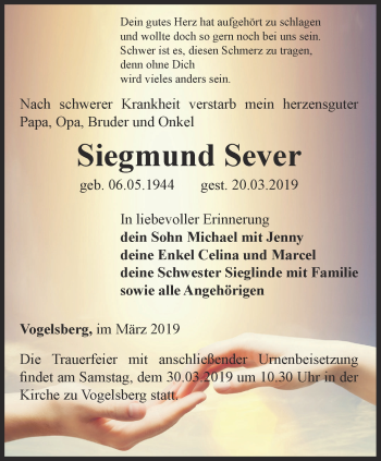 Traueranzeige von Siegmund Sever von Ostthüringer Zeitung, Thüringische Landeszeitung