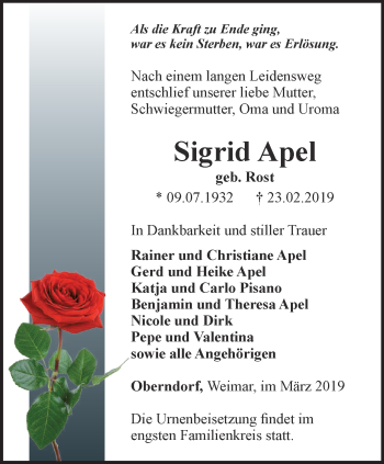 Traueranzeige von Sigrid Apel von Thüringer Allgemeine, Thüringische Landeszeitung