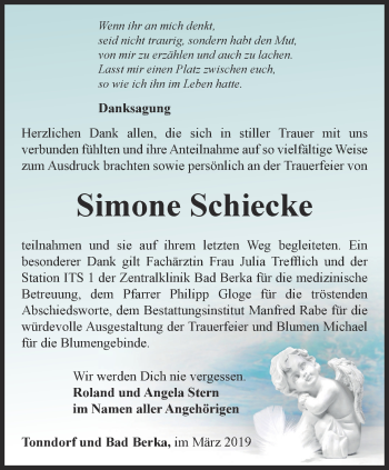 Traueranzeige von Simone Schiecke von Thüringer Allgemeine, Thüringische Landeszeitung