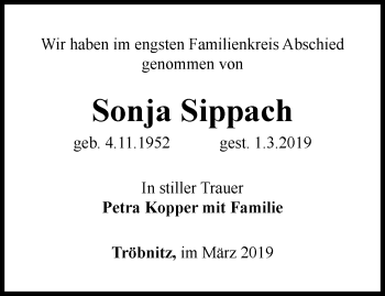 Traueranzeige von Sonja Sippach von Ostthüringer Zeitung