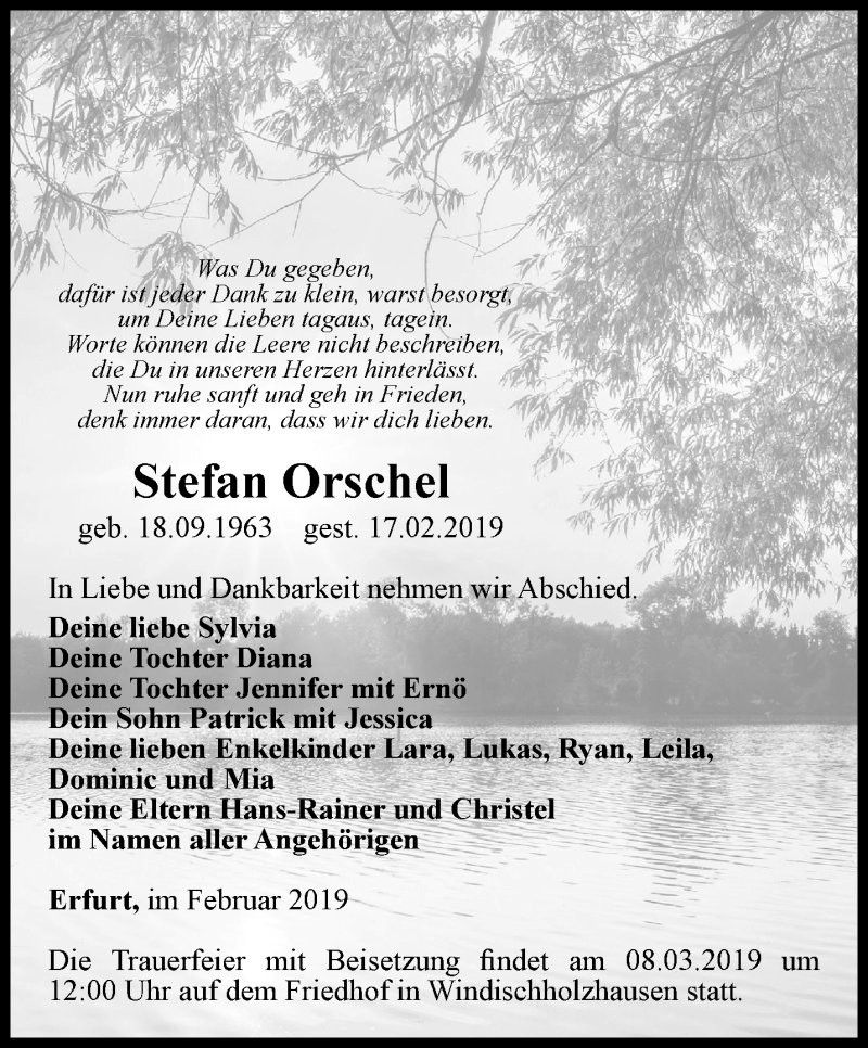  Traueranzeige für Stefan Orschel vom 02.03.2019 aus Thüringer Allgemeine, Thüringische Landeszeitung