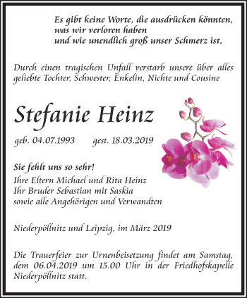 Traueranzeige von Stefanie Heinz von Ostthüringer Zeitung