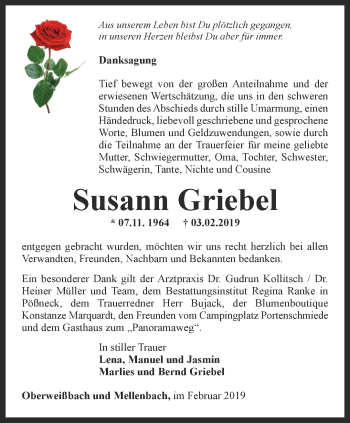 Traueranzeige von Susann Griebel von Ostthüringer Zeitung