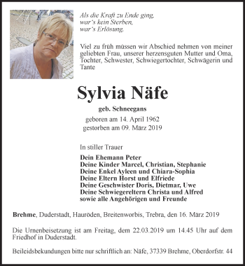 Traueranzeige von Sylvia Näfe von Thüringer Allgemeine