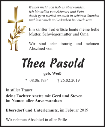 Traueranzeige von Thea Pasold von Ostthüringer Zeitung