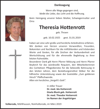 Traueranzeige von Theresia Hottenrott von Thüringer Allgemeine