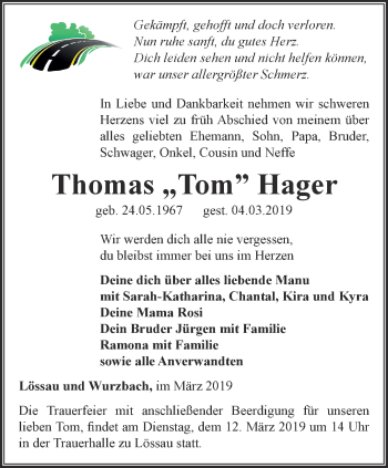 Traueranzeige von Thomas Hager von Ostthüringer Zeitung