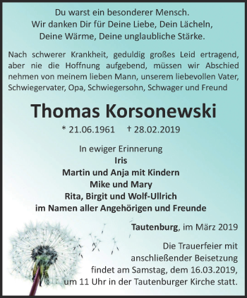 Traueranzeige von Thomas Korsonewski von Ostthüringer Zeitung, Thüringische Landeszeitung