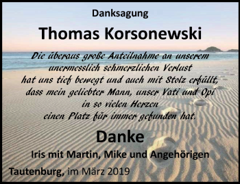 Traueranzeige von Thomas Korsonewski von Ostthüringer Zeitung, Thüringische Landeszeitung