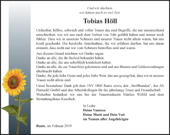 Traueranzeige von Tobias Höll von Ostthüringer Zeitung