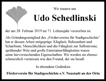 Traueranzeige von Udo Schedlinski