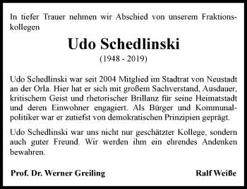 Traueranzeige von Udo Schedlinski