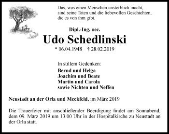 Traueranzeige von Udo Schedlinski