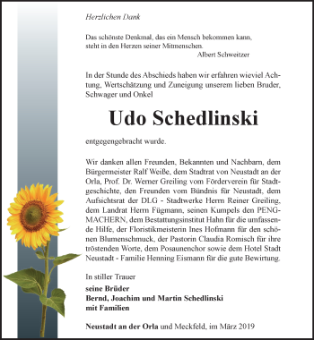 Traueranzeige von Udo Schedlinski