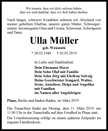 Traueranzeige von Ulla Müller von Thüringer Allgemeine