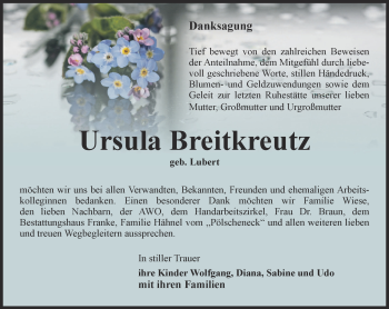 Traueranzeige von Ursula Breitkreutz von Ostthüringer Zeitung