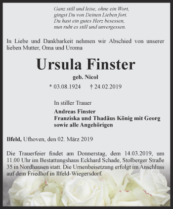 Traueranzeige von Ursula Finster von Thüringer Allgemeine, Thüringische Landeszeitung