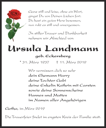 Traueranzeige von Ursula Landmann von Ostthüringer Zeitung, Thüringische Landeszeitung