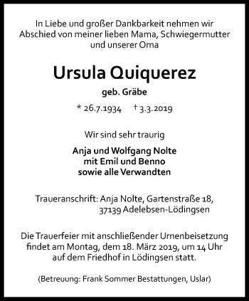 Traueranzeige von Ursula Quiquerez von Thüringer Allgemeine