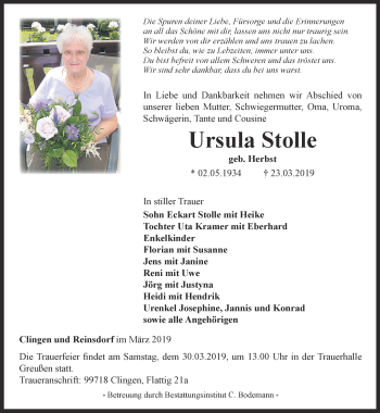 Traueranzeige von Ursula Stolle von Thüringer Allgemeine