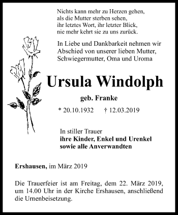 Traueranzeige von Ursula Windolph von Thüringer Allgemeine