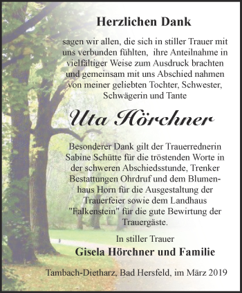 Traueranzeige von Uta Hörchner von Ostthüringer Zeitung, Thüringische Landeszeitung