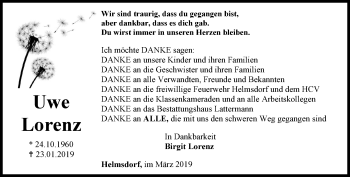 Traueranzeige von Uwe Lorenz von Thüringer Allgemeine