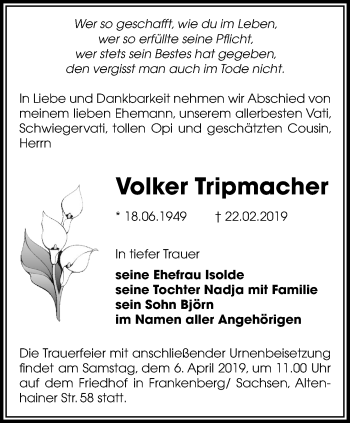 Traueranzeige von Volker Tripmacher von Ostthüringer Zeitung
