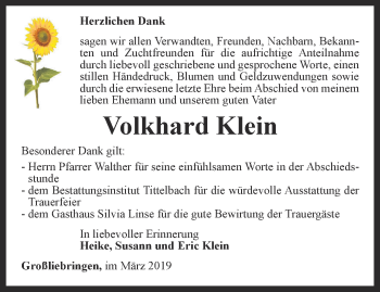 Traueranzeige von Volkhard Klein von Thüringer Allgemeine