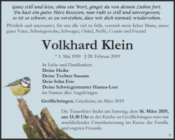 Traueranzeige von Volkhard Klein von Thüringer Allgemeine