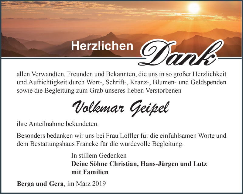  Traueranzeige für Volkmar Geipel vom 09.03.2019 aus Ostthüringer Zeitung