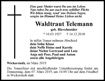 Traueranzeige von Waldtraut Telemann von Thüringer Allgemeine, Thüringische Landeszeitung