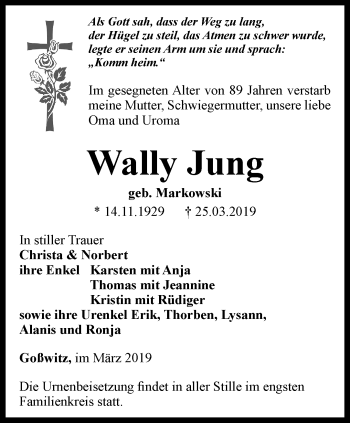 Traueranzeige von Wally Jung von Ostthüringer Zeitung