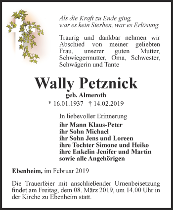 Traueranzeige von Wally Petznick von Ostthüringer Zeitung, Thüringische Landeszeitung