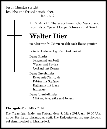 Traueranzeige von Walter Diez von Thüringer Allgemeine, Thüringische Landeszeitung