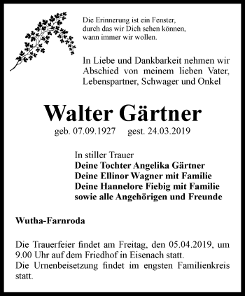 Traueranzeige von Walter Gärtner von Thüringer Allgemeine, Thüringische Landeszeitung